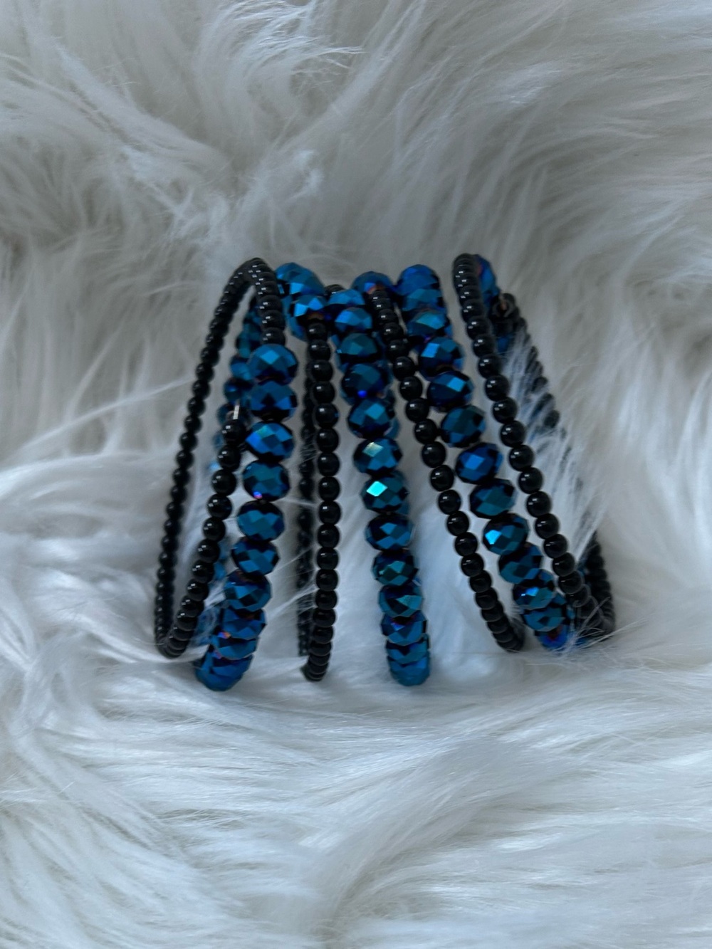 Blue Faceted Beaded Memory Wire Wrap Bracelet Statement Jewelry